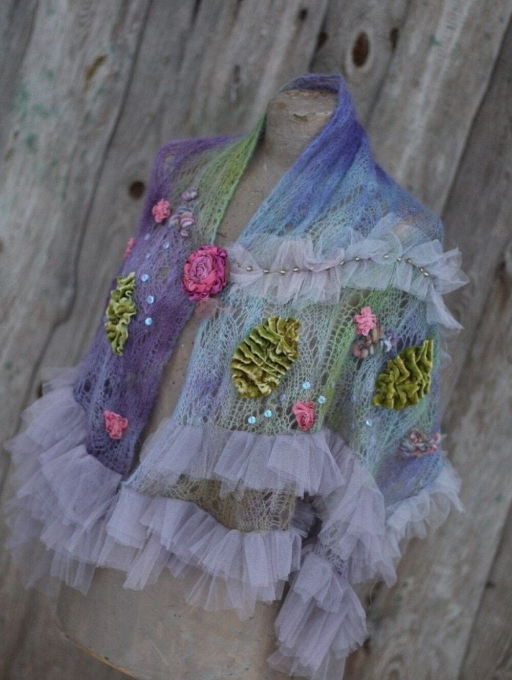 Handcrafted Lavender Multi-Color Lace Knit Shawl Jacket